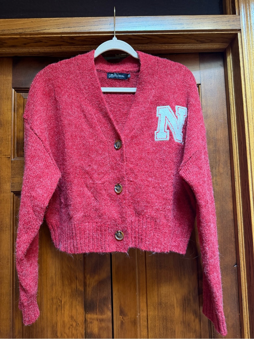 Women's Red Cropped Button-Up Cardigan with 'N' Patch, Nebraska Huskers
